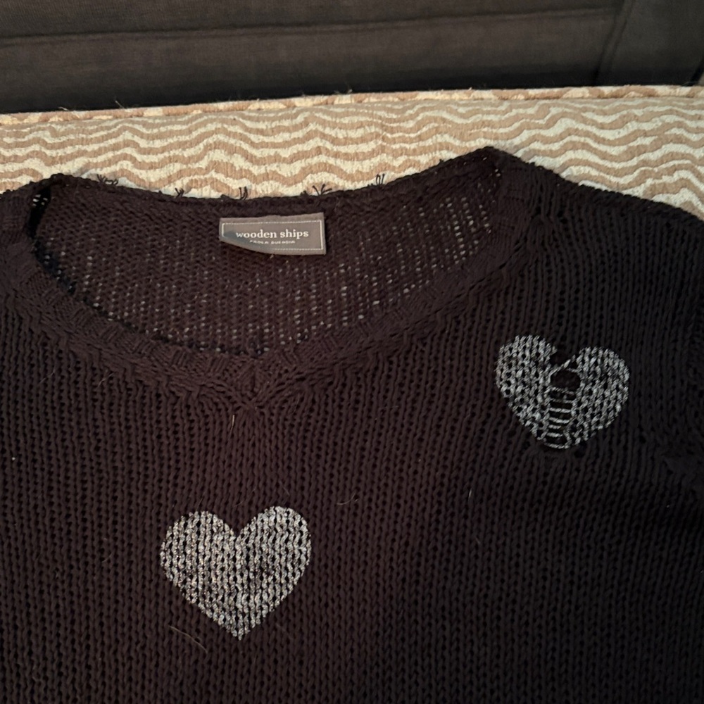 Wooden Ships Black Knit Crewneck Sweater with Silver Heart Accents